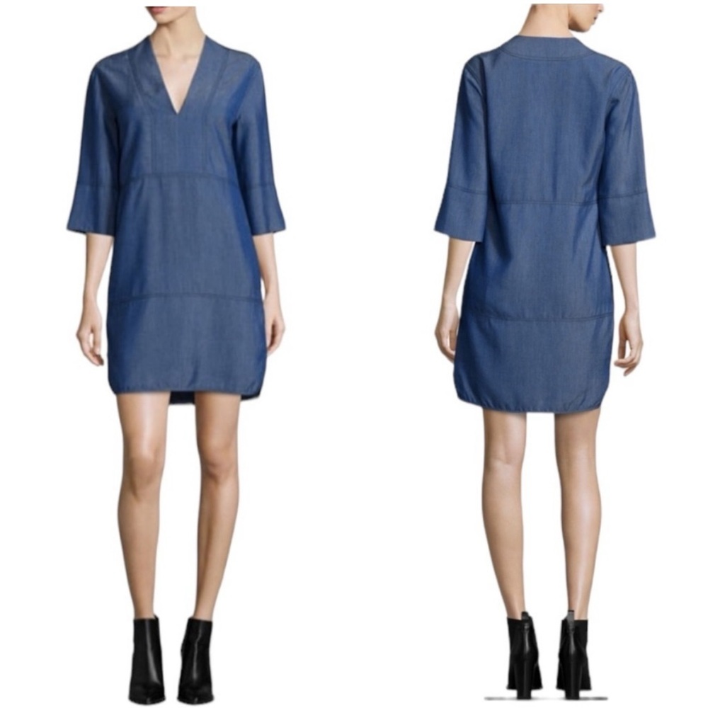 Vince Chambray V-Neck Shift Dress Lyocell Tencel